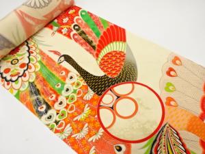 アンティーク　孔雀に草花模様　子供用着物洗い張り